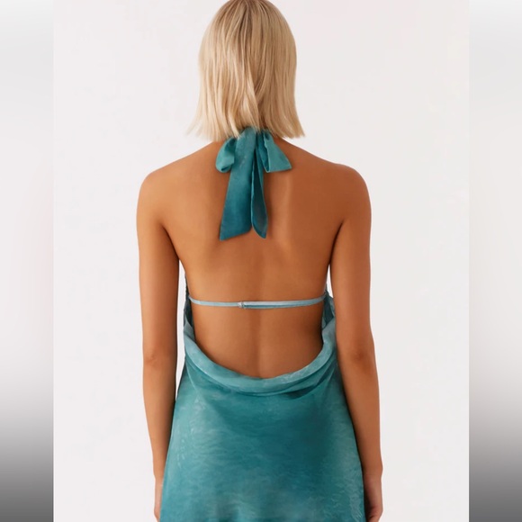 Elegant Teal Halter Mini Dress - Picture 2 of 6